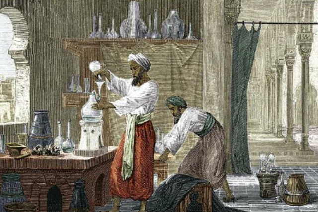 2 Muslim men conduct scientific experiments throughout the history of science